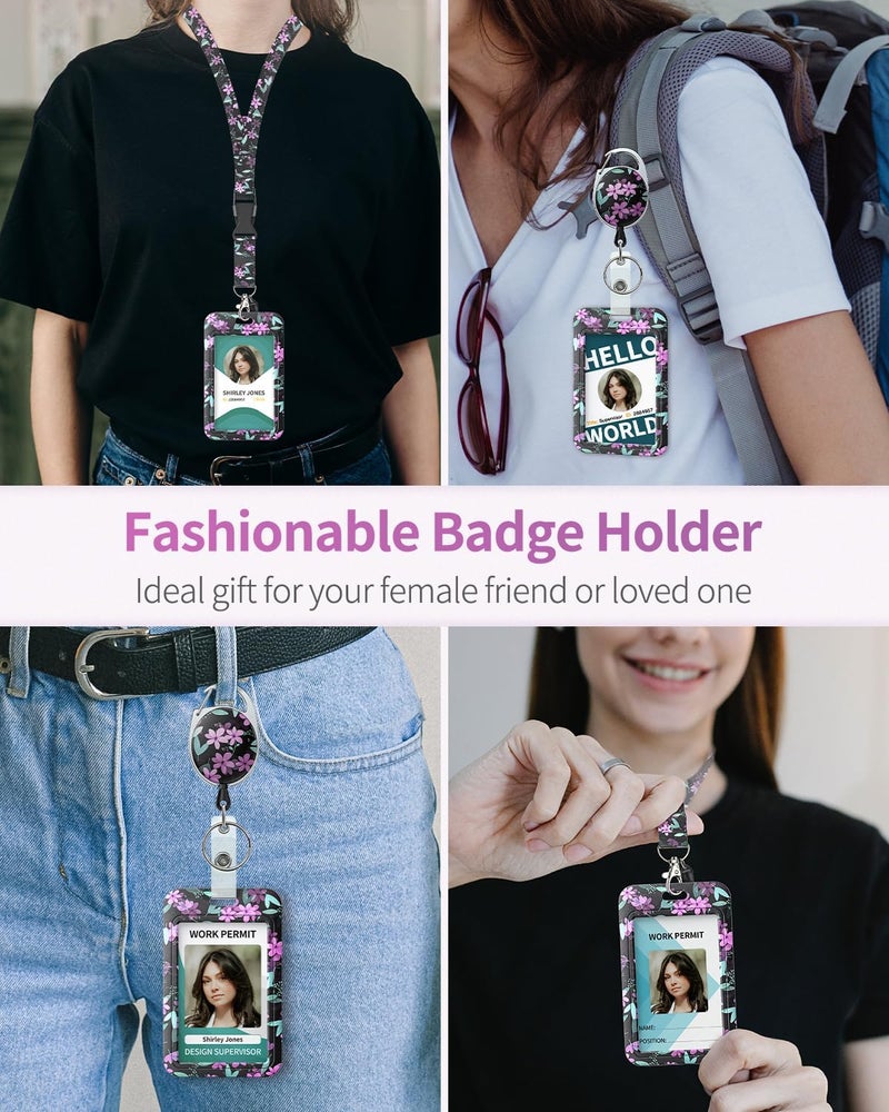 Uniclife Floral Sliding Badge Holder Purple Flower Plastic Case with Retractable Badge Reel Carabiner Clip & Detachable Lanyard Strap Fashionable Vertical Card Protector for Women Teacher Student - Image 3